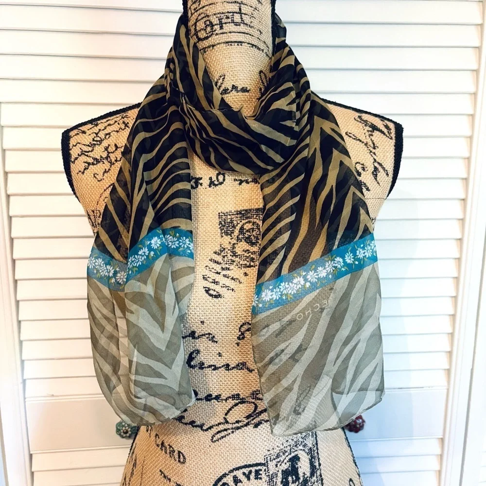 Echo Zebra Animal Print Floral Scarf Tan Black Brown Blue